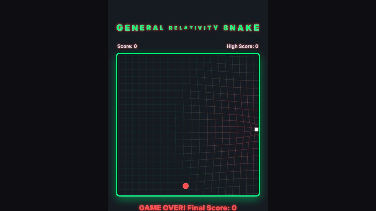 General Relativity Snake — gameplay screenshot showing arcade snake action