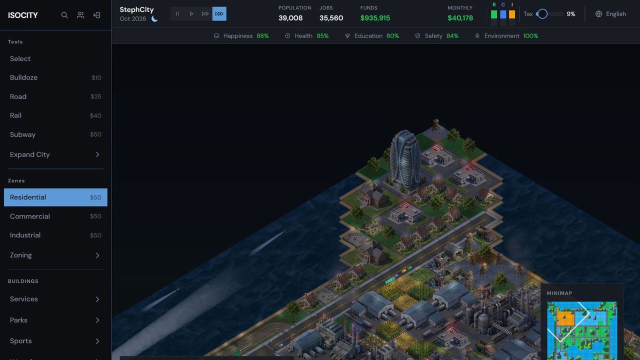 IsoCity running: an isometric night city with roads, houses and industry, population 39,008