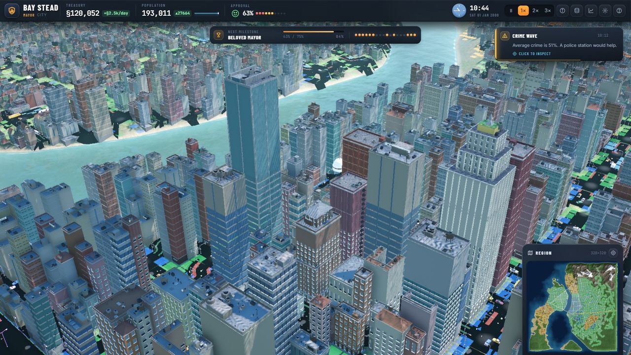 Metropolis running: a 3D city of skyscrapers beside a river, population 193,200