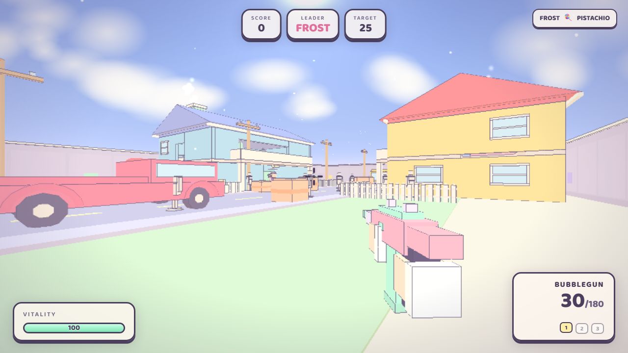 Pastel Nuketown — gameplay screenshot showing arena shooter action